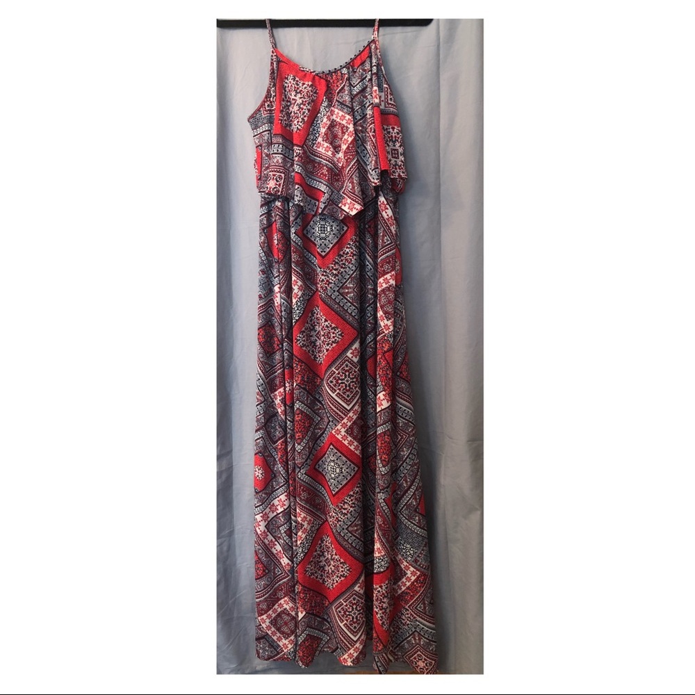 Red, white, and blue maxi dress